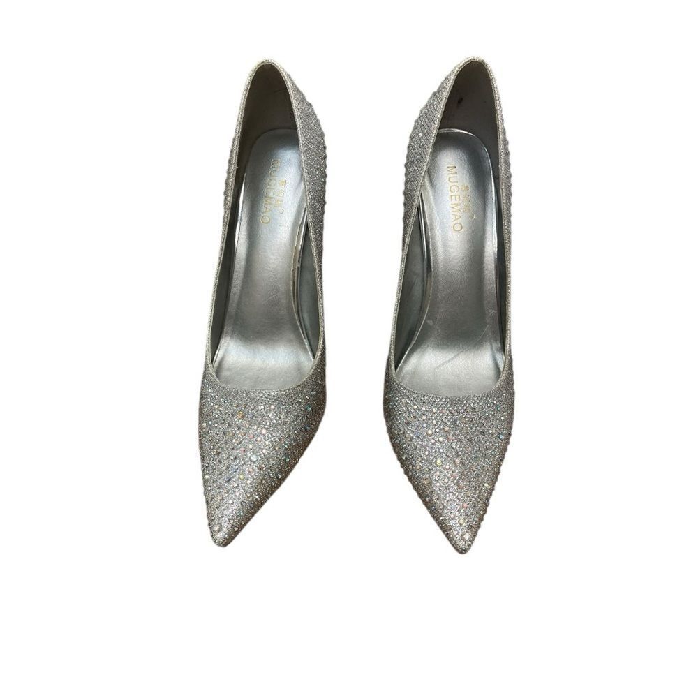 Rhinestone Glitter Stiletto Heels Silver Pointed Toe Pumps Womens Size 8